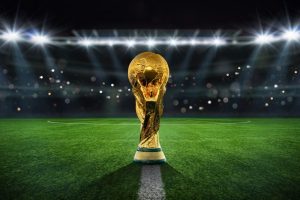 World Cup Trophy in Floodlit Stadium
